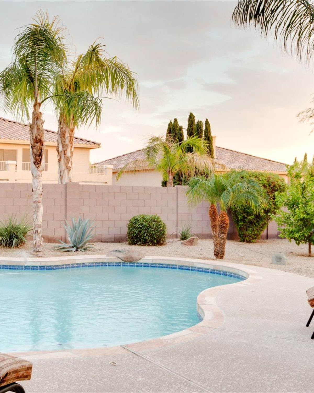 Arizona backyard pool at golden hour with palms and desert landscaping