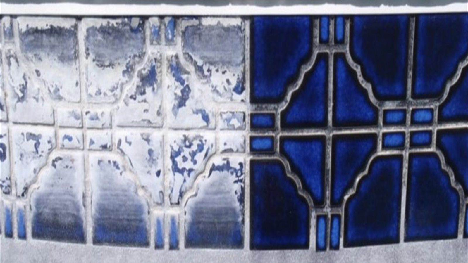 Decorative blue pool tile with heavy white calcium on the left and cleaned tile showing the pattern on the right