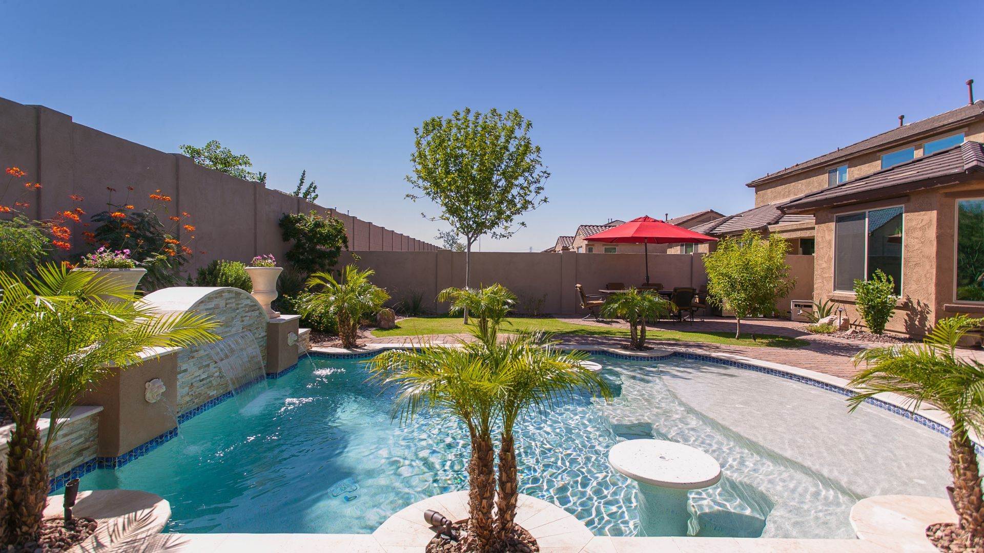 Sunny Arizona backyard pool with palms