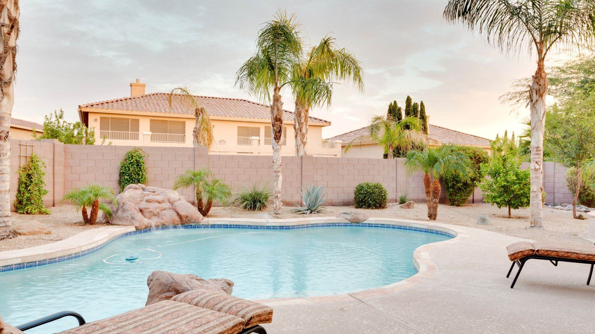 Goodyear, AZ backyard pool with queen palms at sunset